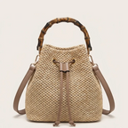 Sac seau paille anse bambou cordon été Khaki