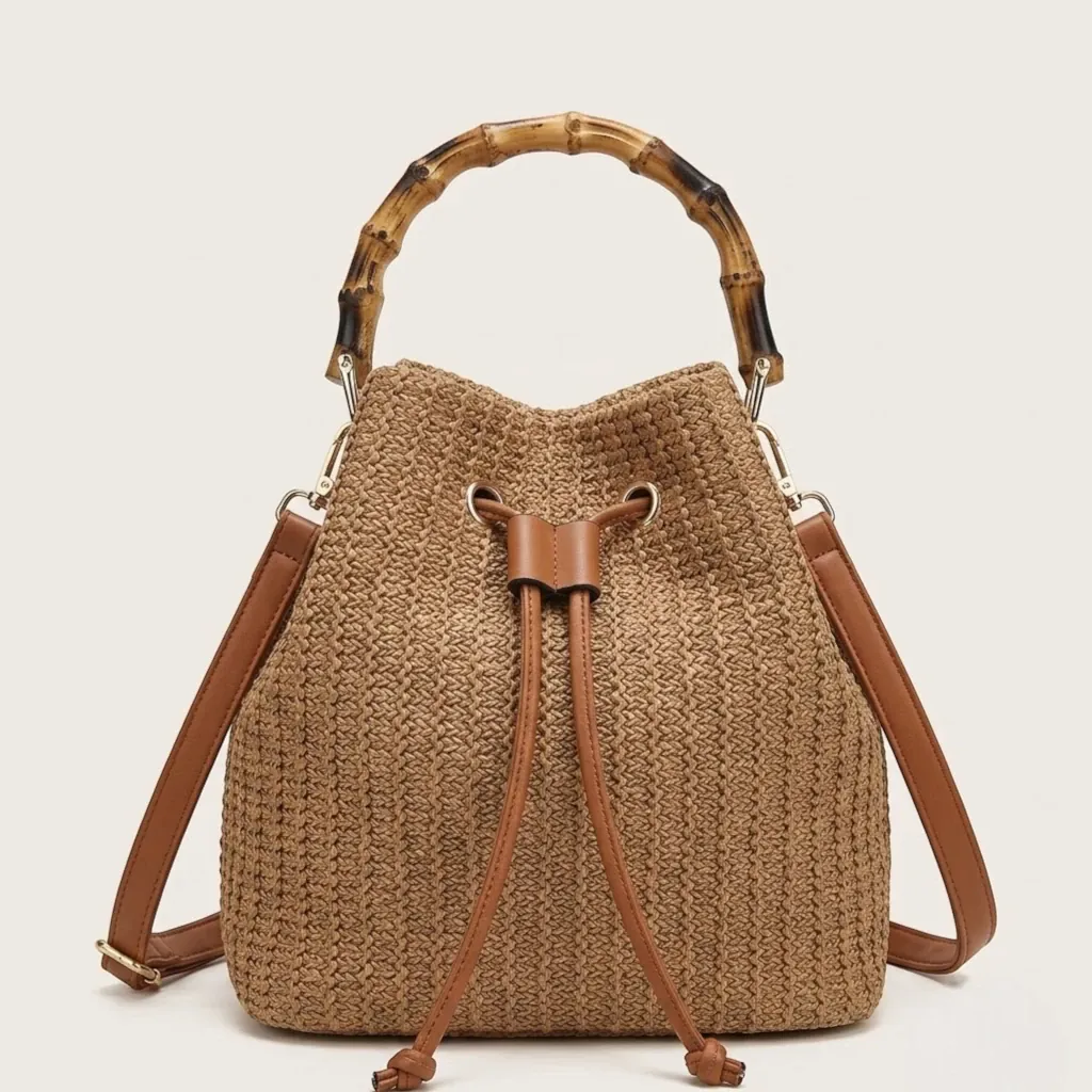 Sac seau paille anse bambou cordon été Marron