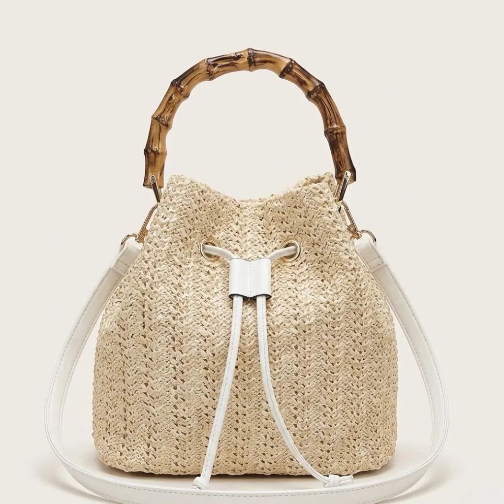 Sac seau paille anse bambou cordon été Beige