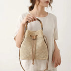 Sac seau paille anse bambou cordon été Khaki