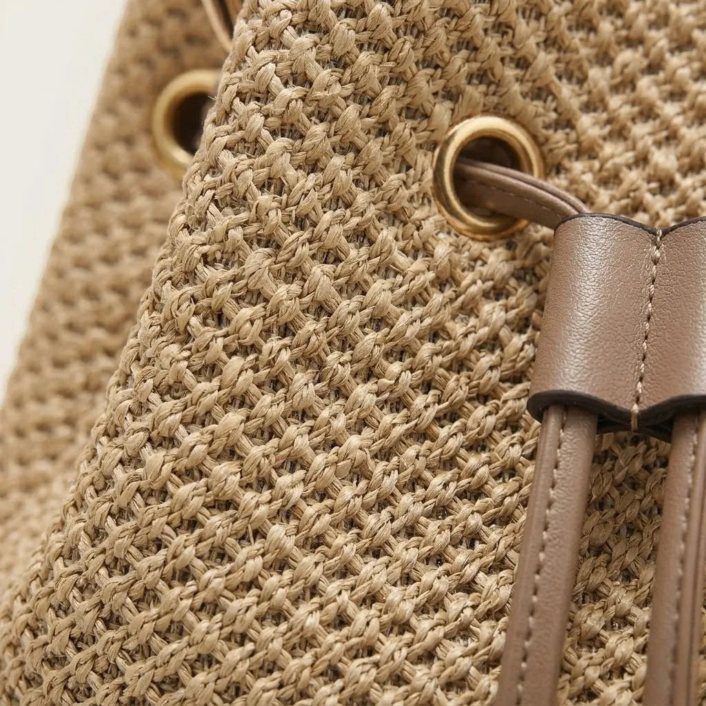 Sac seau paille anse bambou cordon été Khaki