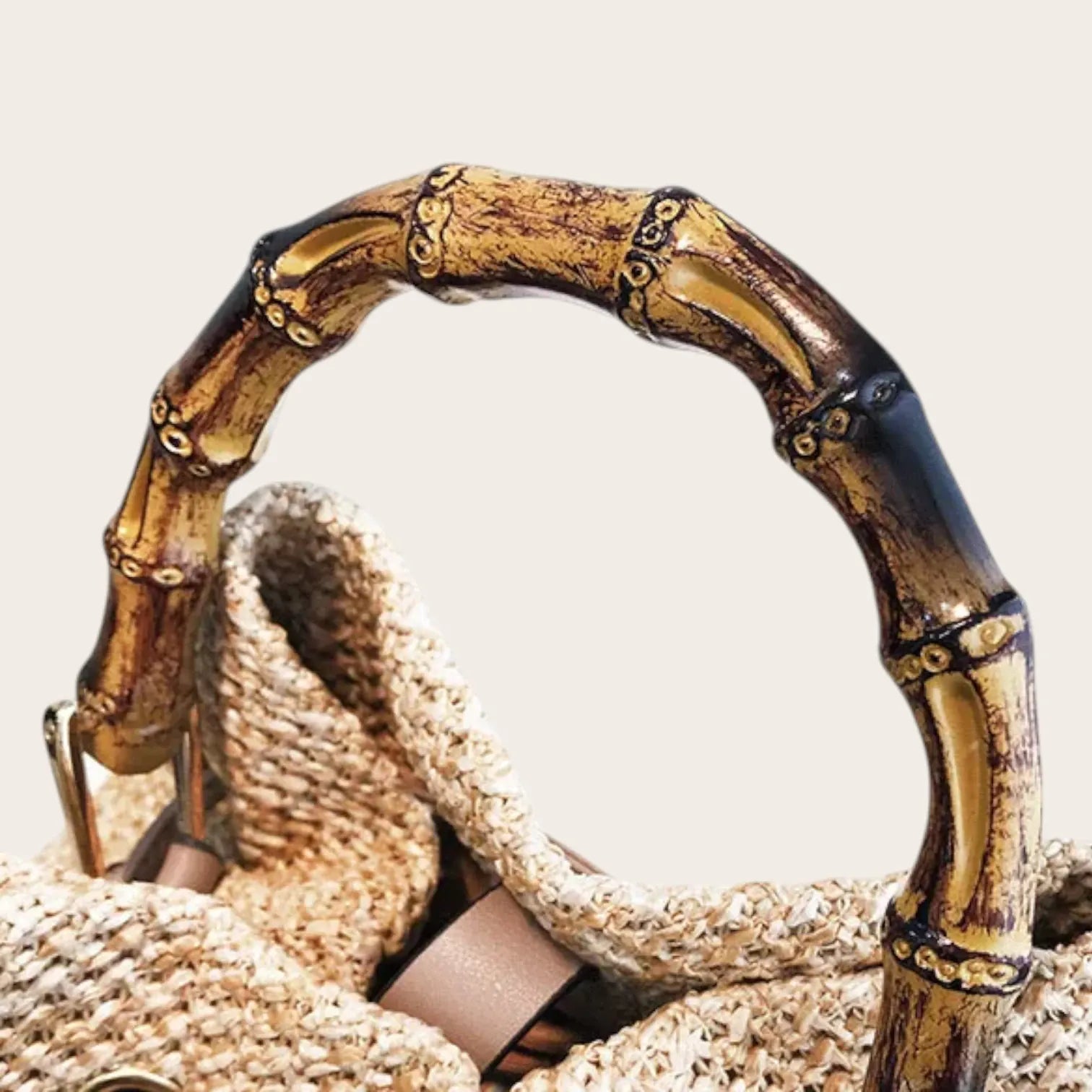 Sac seau paille anse bambou cordon été Khaki