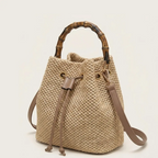 Sac seau paille anse bambou cordon été Khaki