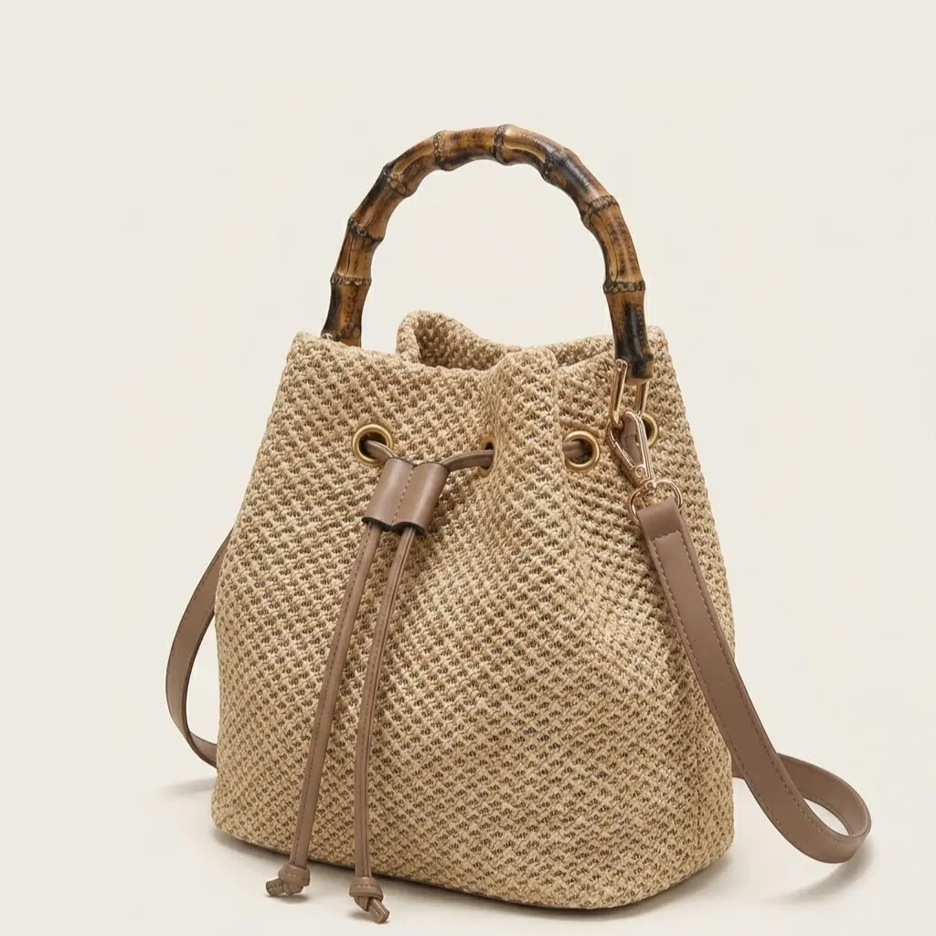 Sac seau paille anse bambou cordon été Khaki