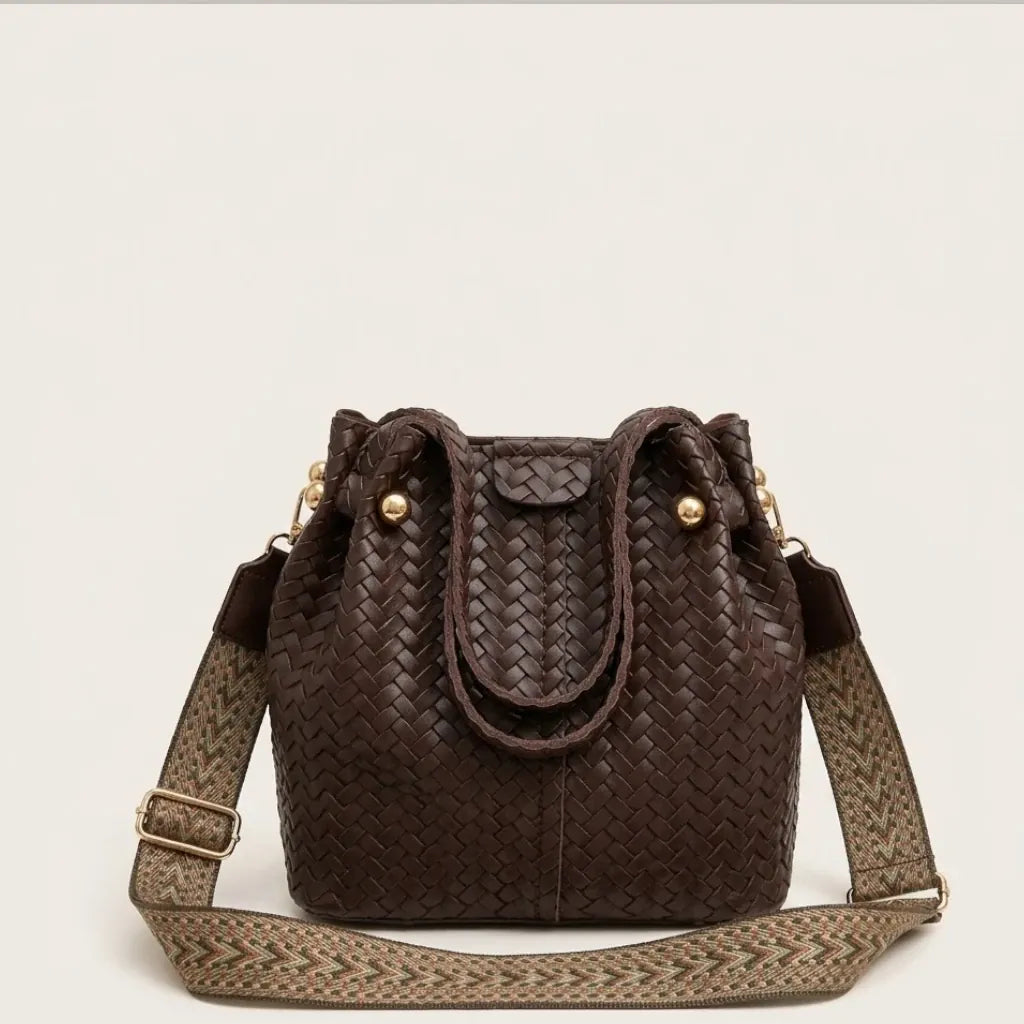 Sac seau tressé en cuir vegan épais Café