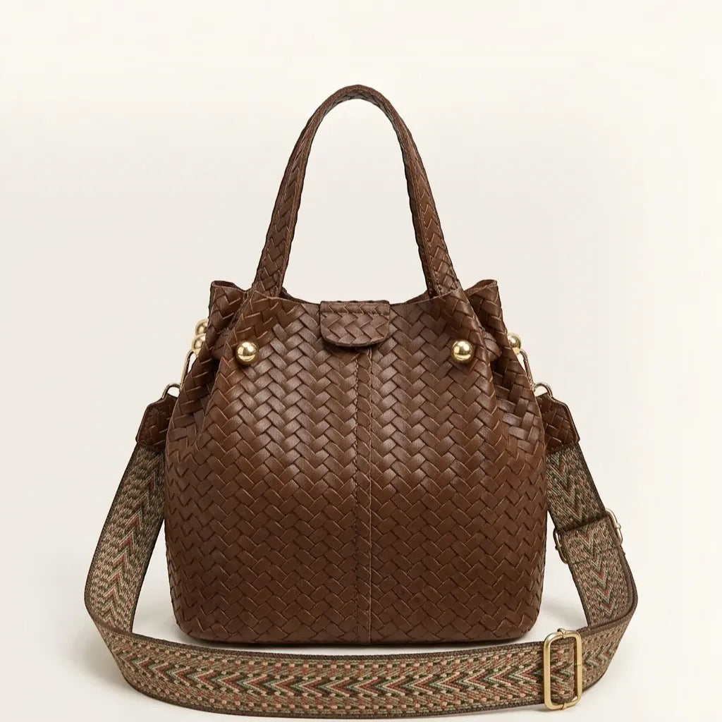 Sac seau tressé en cuir vegan épais Marron