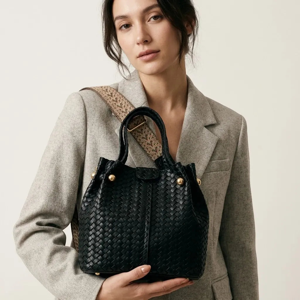 Sac seau tressé en cuir vegan épais Noir