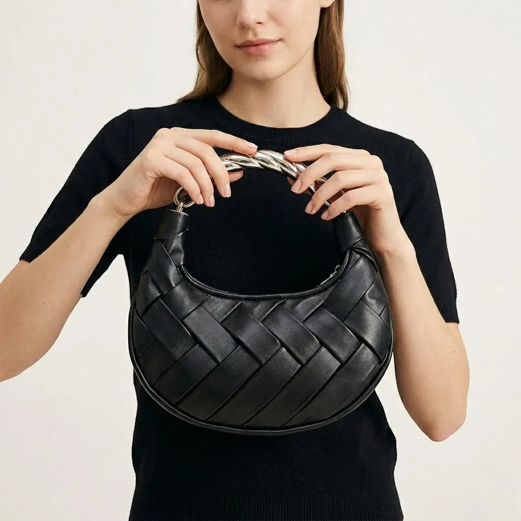 Sac tressé anse métal argenté luxe Noir