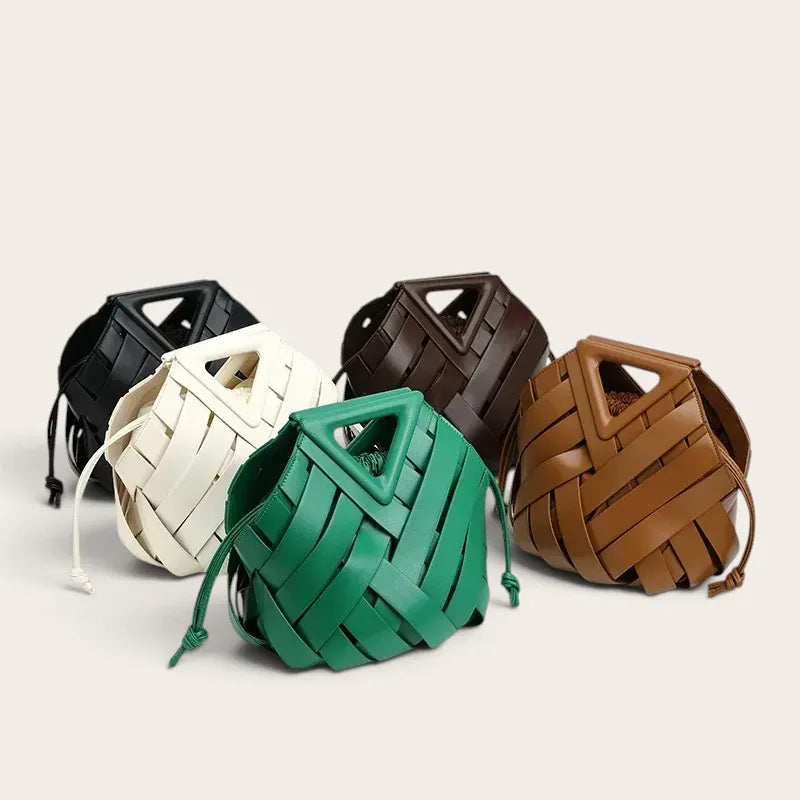 Sac tressé anse triangle cordon Marron Café Vert Noir Argent Blanc
