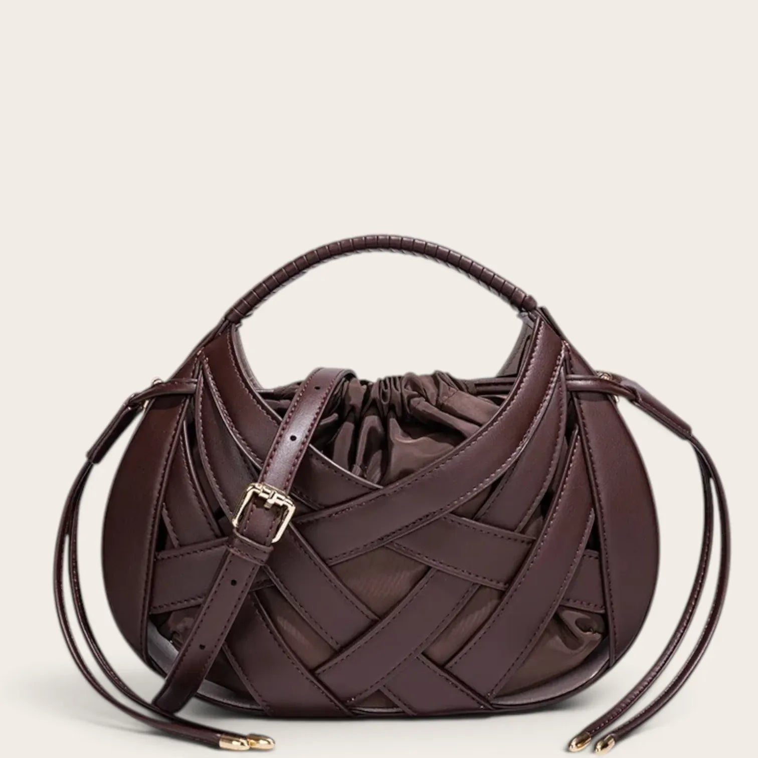 Sac tressé cage cuir lacets Café