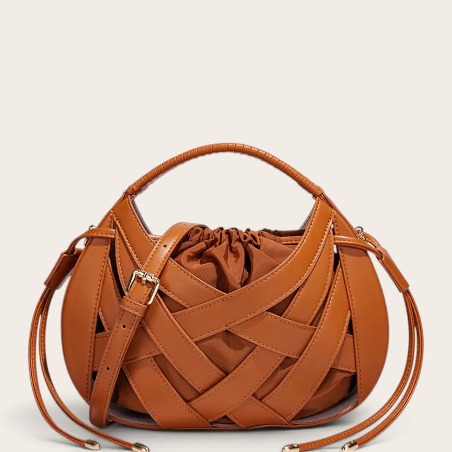 Sac tressé cage cuir lacets Marron