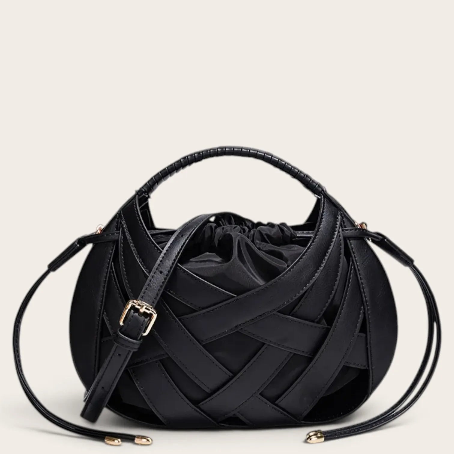 Sac tressé cage cuir lacets Noir